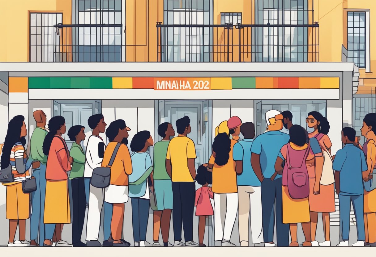 A colorful banner displaying "Minha Casa Minha Vida Inscrição 2024" with a group of diverse people eagerly waiting in line outside a government office